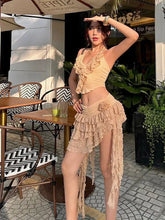 BXOXO 2 Piece Set Women Summer Lace-Up Low-Neck Multi-Layered Lace Collarmini Tops+Tassel Skirt Multilayer Irregular Hem Suit